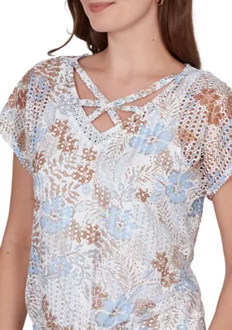 Women's Printed Oval Texture Knit Tie Front Top