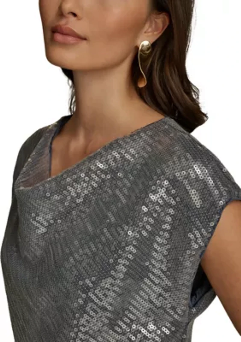 Women's Cap Sleeve Cowl Neck Sequin Mesh Dress