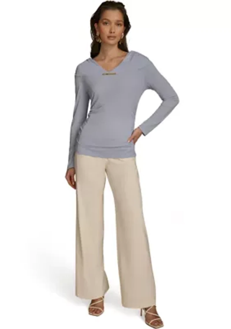 Women's Long Sleeve V-Neck Hardware Knit Top