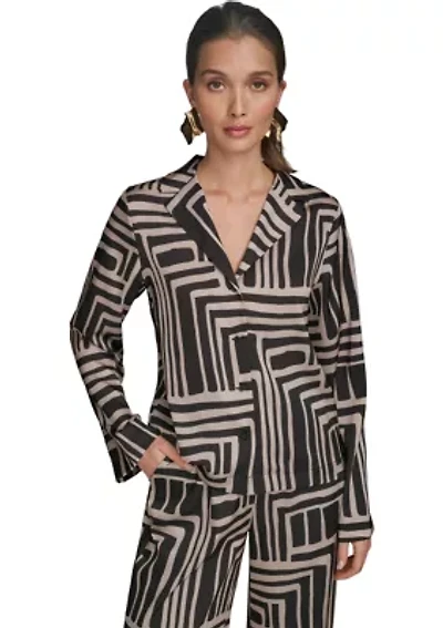 Women's Long Sleeve Geometric Print Collared Shirt