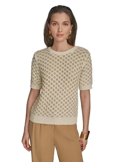 Women's Short Sleeve 2 Tone Honeycomb Sweater