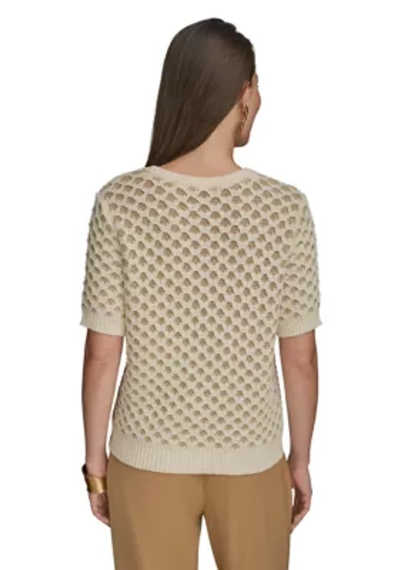 Women's Short Sleeve 2 Tone Honeycomb Sweater