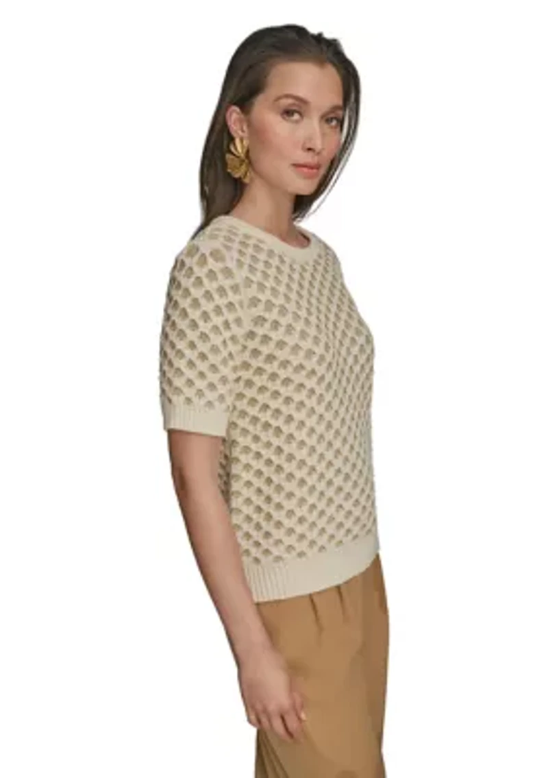 Women's Short Sleeve 2 Tone Honeycomb Sweater