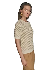 Women's Short Sleeve 2 Tone Honeycomb Sweater