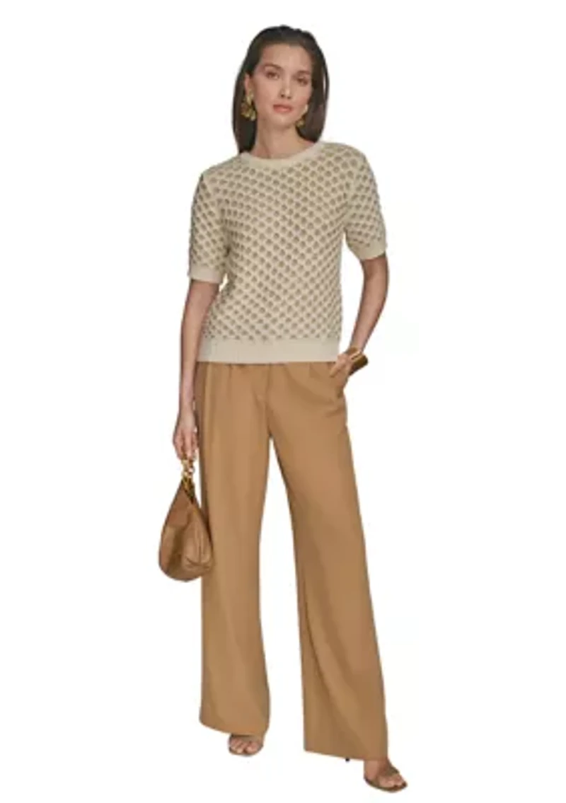 Women's Short Sleeve 2 Tone Honeycomb Sweater