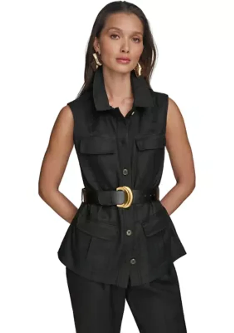 Women's Sleeveless Button Front Belted Vest