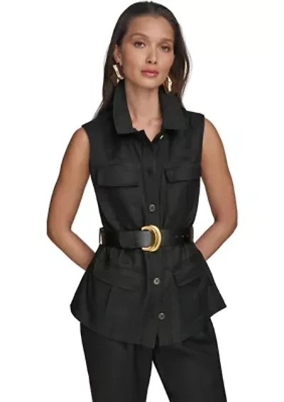 Women's Sleeveless Button Front Belted Vest