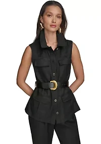 Women's Sleeveless Button Front Belted Vest