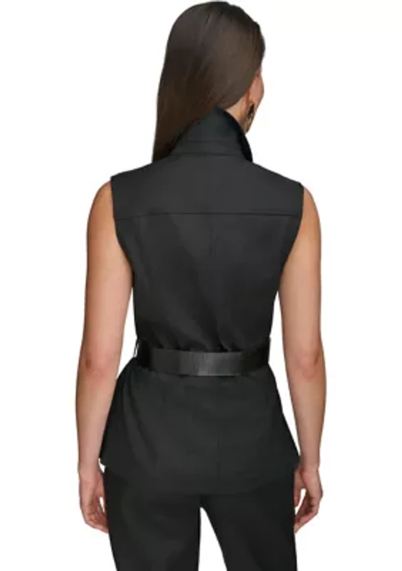 Women's Sleeveless Button Front Belted Vest