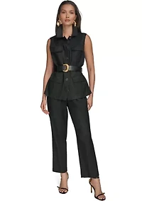 Women's Sleeveless Button Front Belted Vest