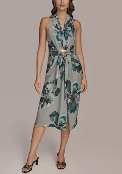 Women's Sleeveless Ruched Floral Hardware Dress
