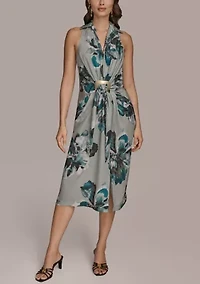 Women's Sleeveless Ruched Floral Hardware Dress