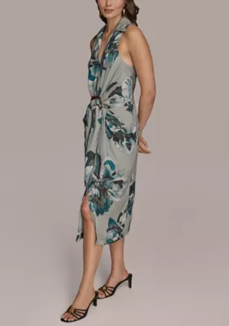 Women's Sleeveless Ruched Floral Hardware Dress