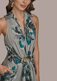 Women's Sleeveless Ruched Floral Hardware Dress