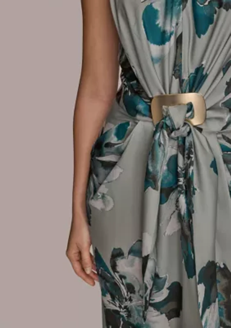 Women's Sleeveless Ruched Floral Hardware Dress
