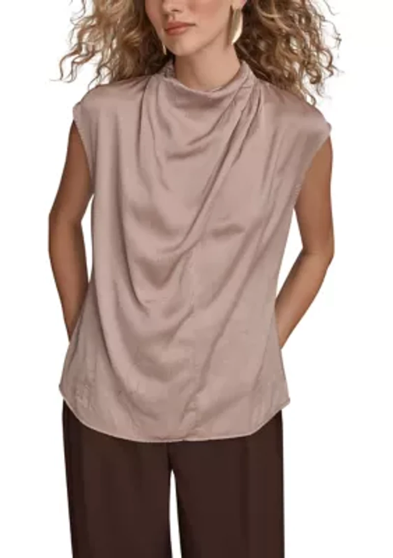 Women's Crinkle Cap Sleeve Cowl Neck Top