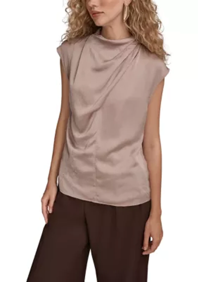 Women's Crinkle Cap Sleeve Cowl Neck Top