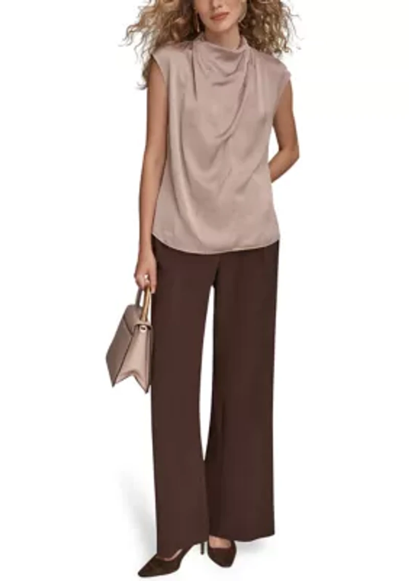 Women's Crinkle Cap Sleeve Cowl Neck Top