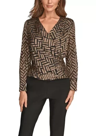 Women's Long Sleeve Wrap Chevron Burnout Dress