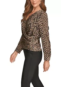 Women's Long Sleeve Wrap Chevron Burnout Dress
