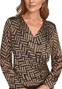 Women's Long Sleeve Wrap Chevron Burnout Dress