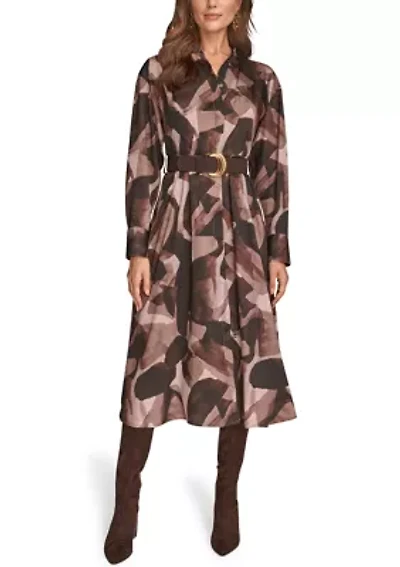 Women's Printed Long Sleeve Button Front Dress