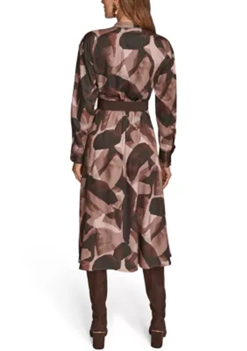 Women's Printed Long Sleeve Button Front Dress