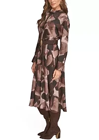 Women's Printed Long Sleeve Button Front Dress