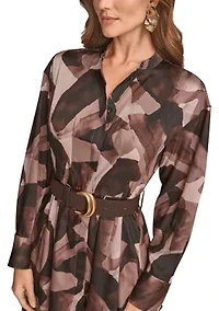 Women's Printed Long Sleeve Button Front Dress