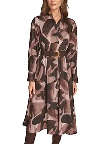 Women's Printed Long Sleeve Button Front Dress
