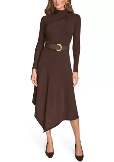 Women's Long Sleeve Mock Neck Angle Hem Dress