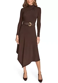 Women's Long Sleeve Mock Neck Angle Hem Dress