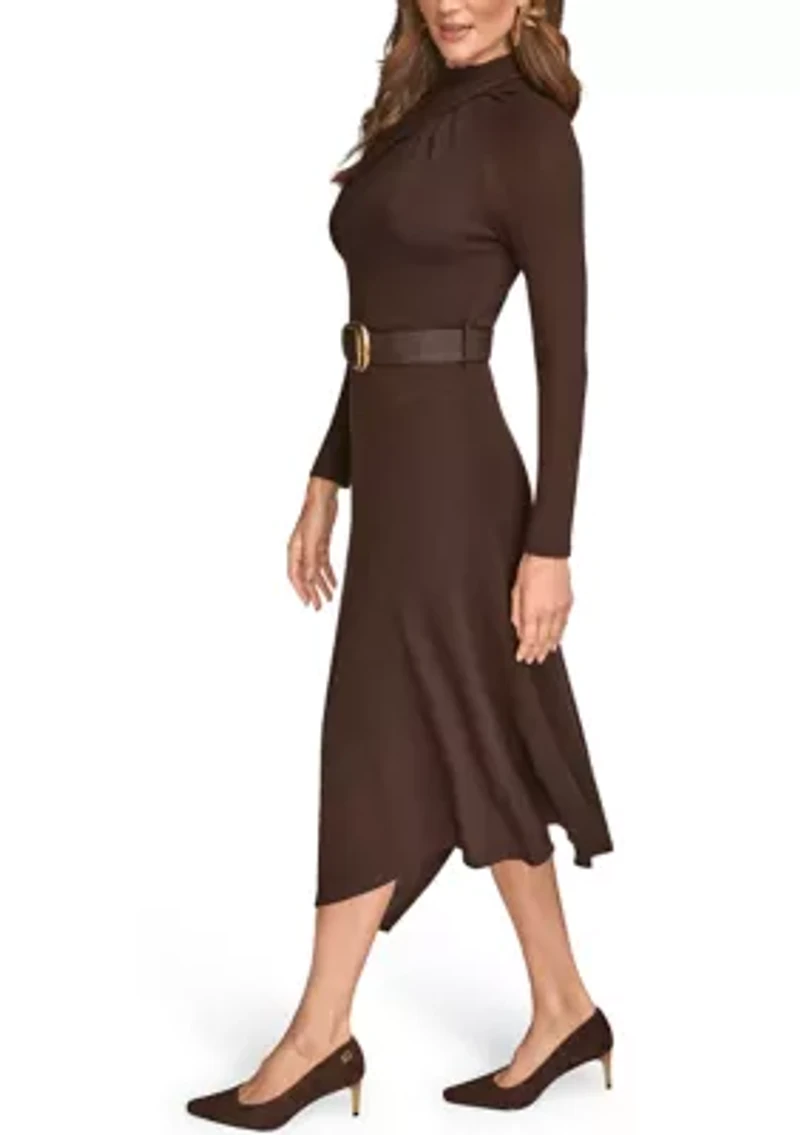 Women's Long Sleeve Mock Neck Angle Hem Dress