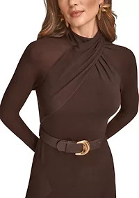 Women's Long Sleeve Mock Neck Angle Hem Dress