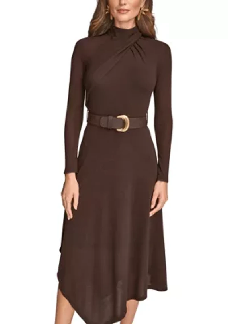 Women's Long Sleeve Mock Neck Angle Hem Dress