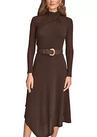 Women's Long Sleeve Mock Neck Angle Hem Dress