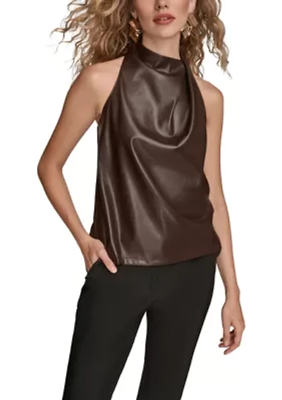 Women's Sleeveless Mock Neck Pleated Shoulder Top
