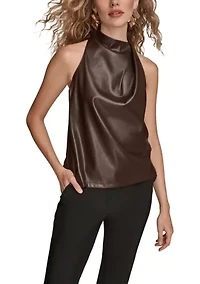 Women's Sleeveless Mock Neck Pleated Shoulder Top
