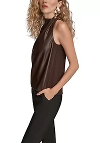 Women's Sleeveless Mock Neck Pleated Shoulder Top