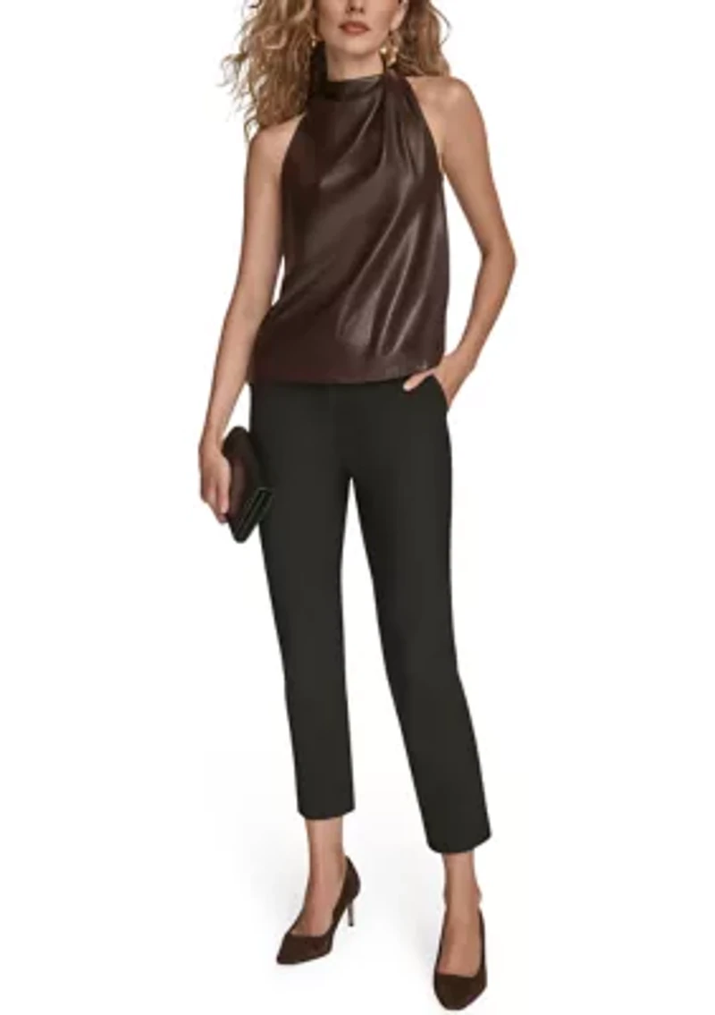 Women's Sleeveless Mock Neck Pleated Shoulder Top