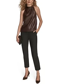 Women's Sleeveless Mock Neck Pleated Shoulder Top