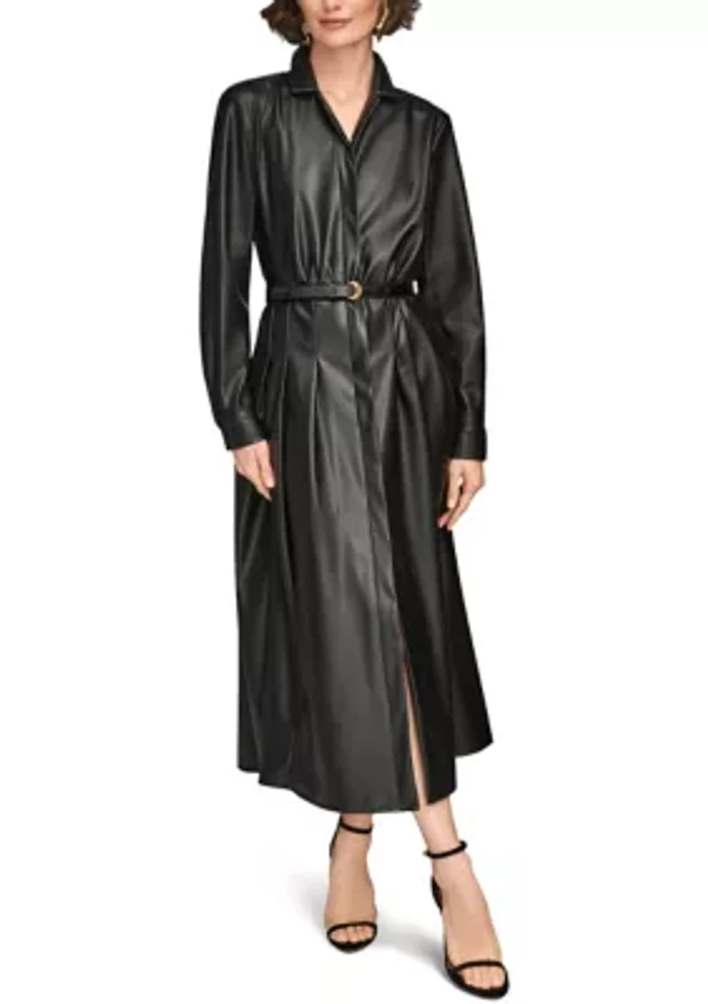 Women's Long Sleeve Collared Faux Leather Dress
