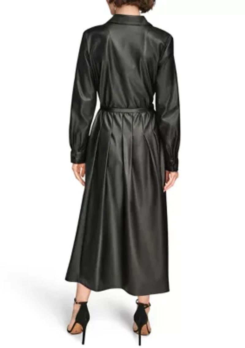 Women's Long Sleeve Collared Faux Leather Dress