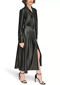 Women's Long Sleeve Collared Faux Leather Dress