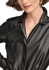 Women's Long Sleeve Collared Faux Leather Dress