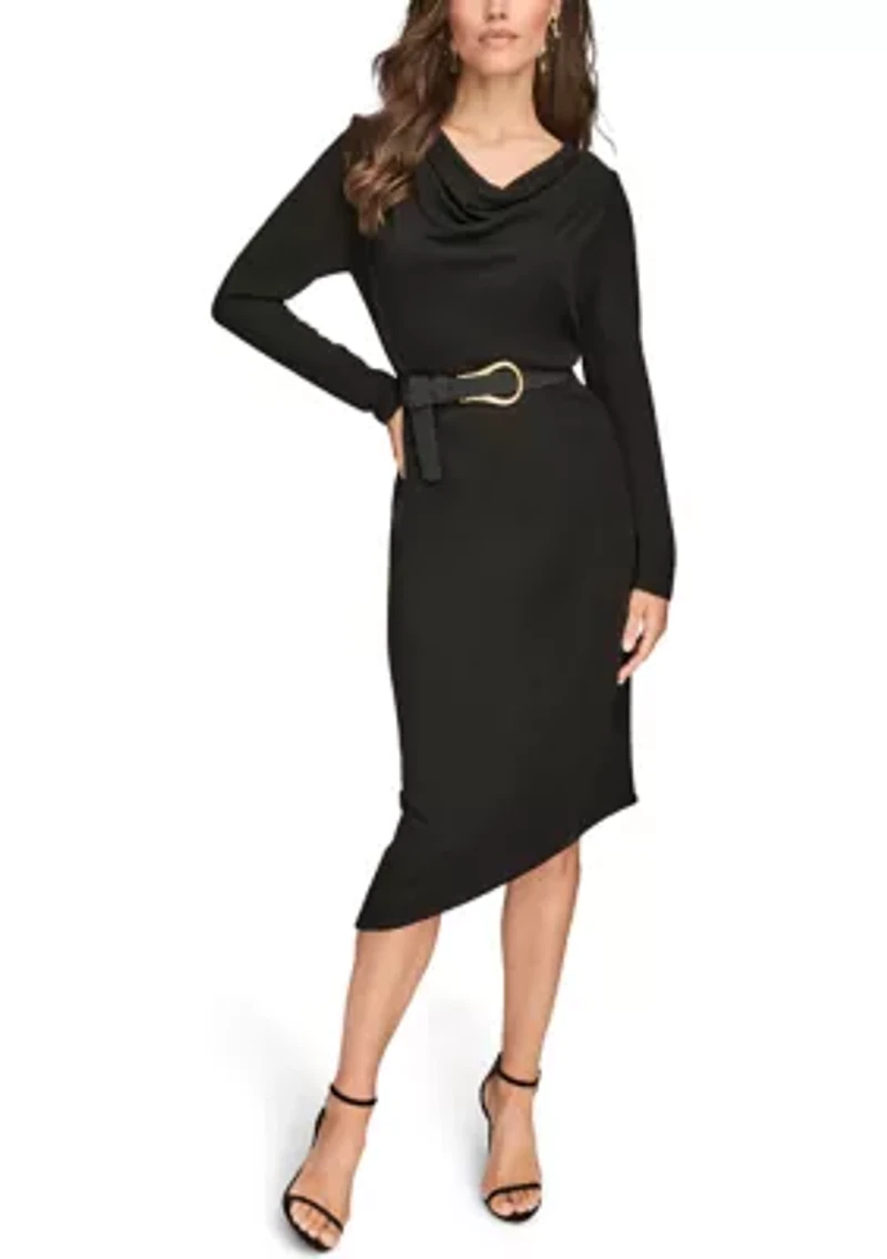 Women's Long Sleeve Cowl Neck Dress with Belt