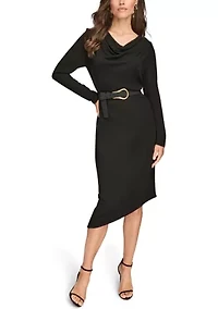 Women's Long Sleeve Cowl Neck Dress with Belt