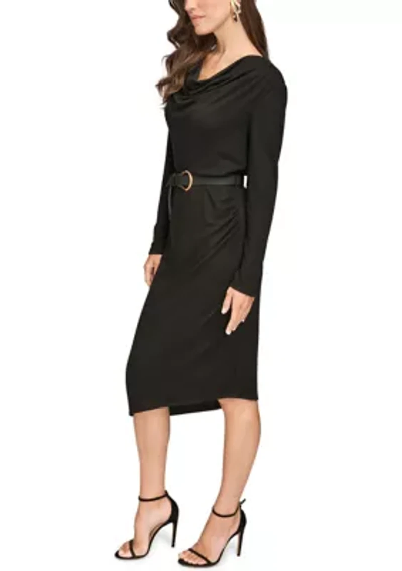 Women's Long Sleeve Cowl Neck Dress with Belt