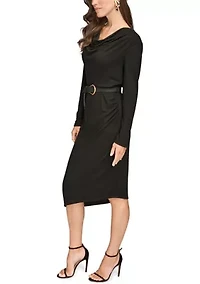 Women's Long Sleeve Cowl Neck Dress with Belt