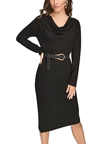 Women's Long Sleeve Cowl Neck Dress with Belt